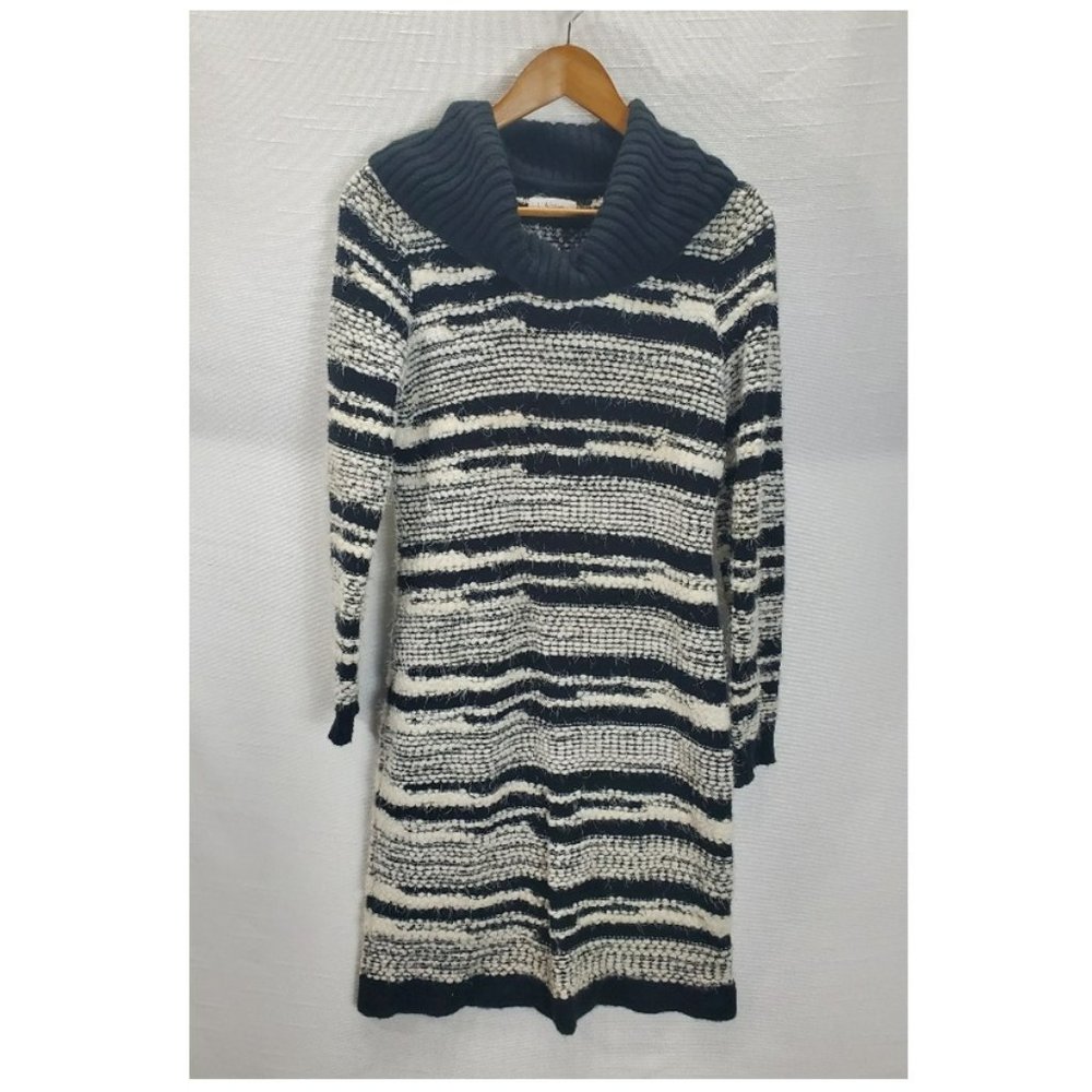 Calvin Klein Sweater Dress Womens Large Black/White Cowl Turtleneck Longsleeve